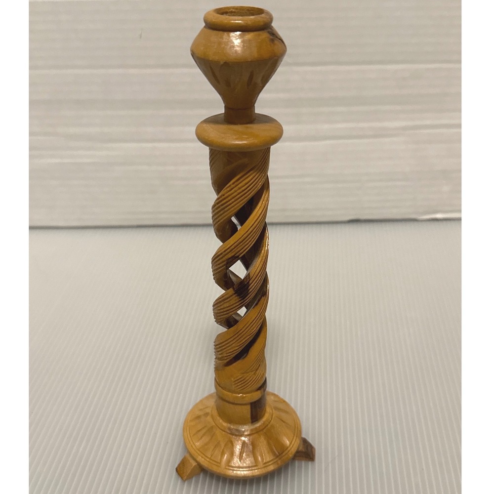 Handcarved Olive Wood Candle Holder Brown Excellent Spiral